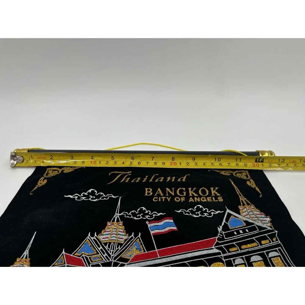 Vintage Thailand  Black Velvet Wall Hanging Souvenir Highlights Embroidered EUC